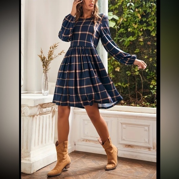 Plaid Print Crew Neck Dress, Casual Long Sleeve Dress - Picture 2 of 3